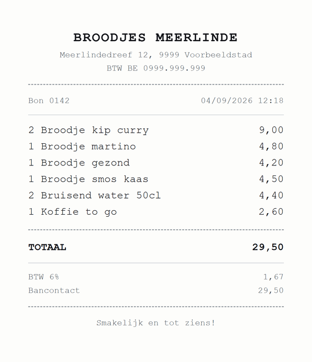 Voorbeeldbon van een broodjesbar met zes regels en een totaal van 29,50 euro