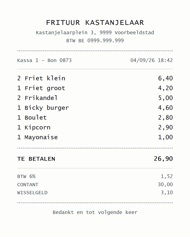 Voorbeeldbon van een frituur met friet, vleesjes en saus, totaal 26,90 euro