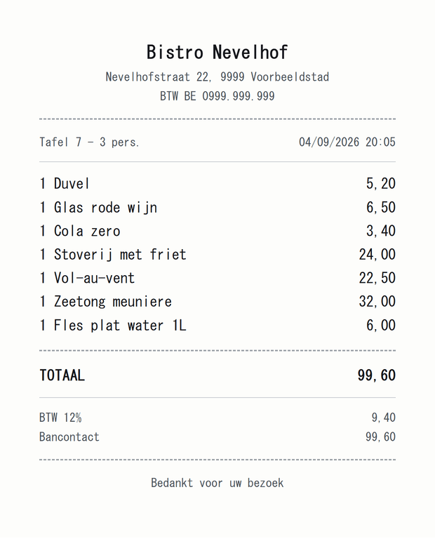 Voorbeeldbon van een bistro voor drie personen, totaal 99,60 euro