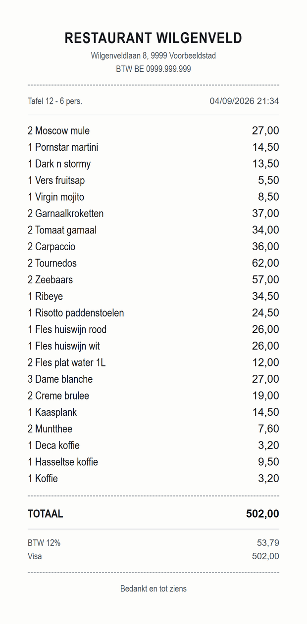 Lange voorbeeldbon van een restaurant voor zes personen, 22 regels, totaal 502 euro