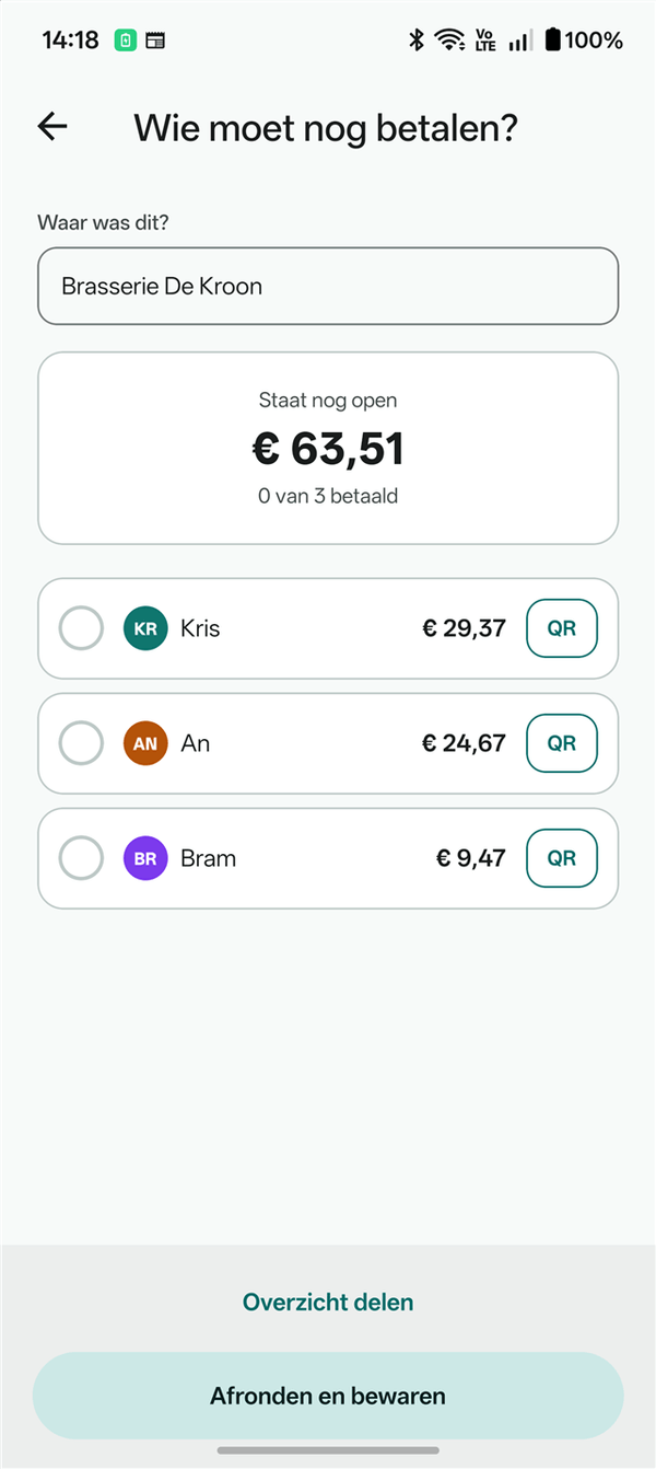 Het betaaloverzicht met QR-knoppen per persoon