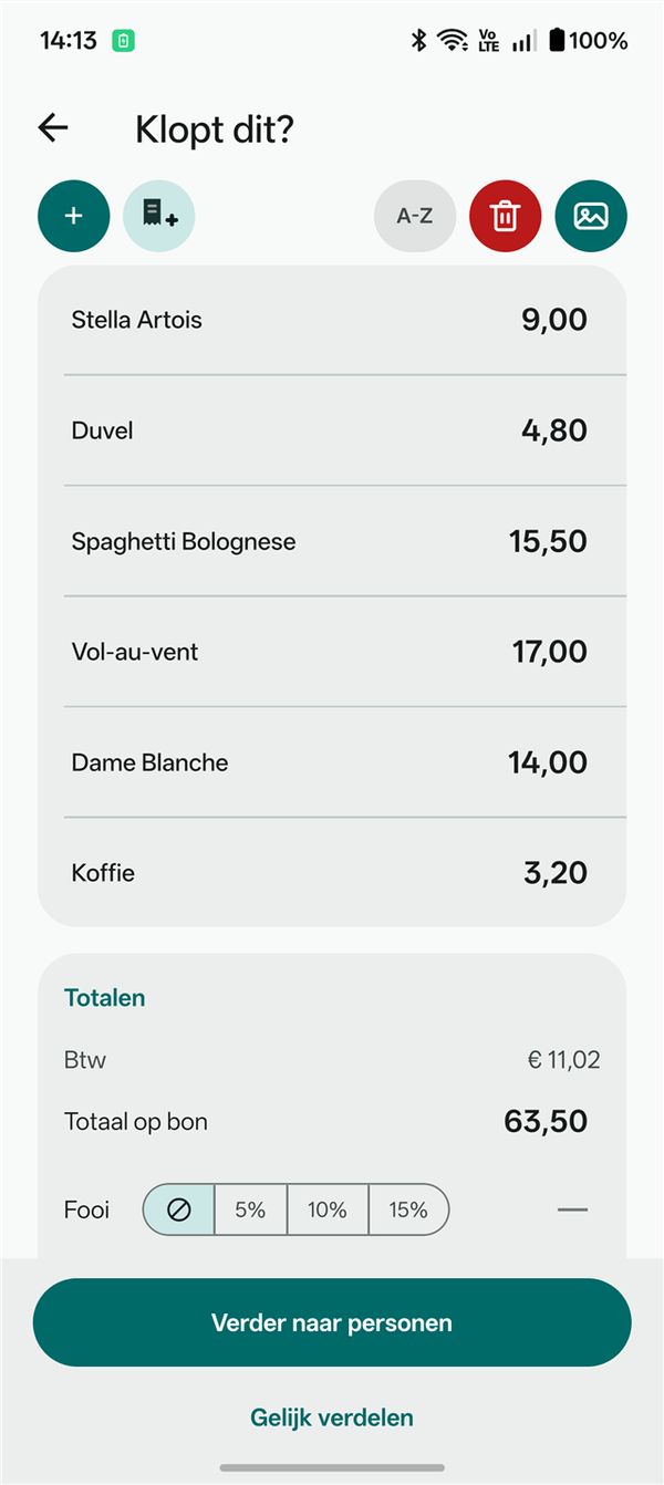 Het correctiescherm met de uitgelezen bon